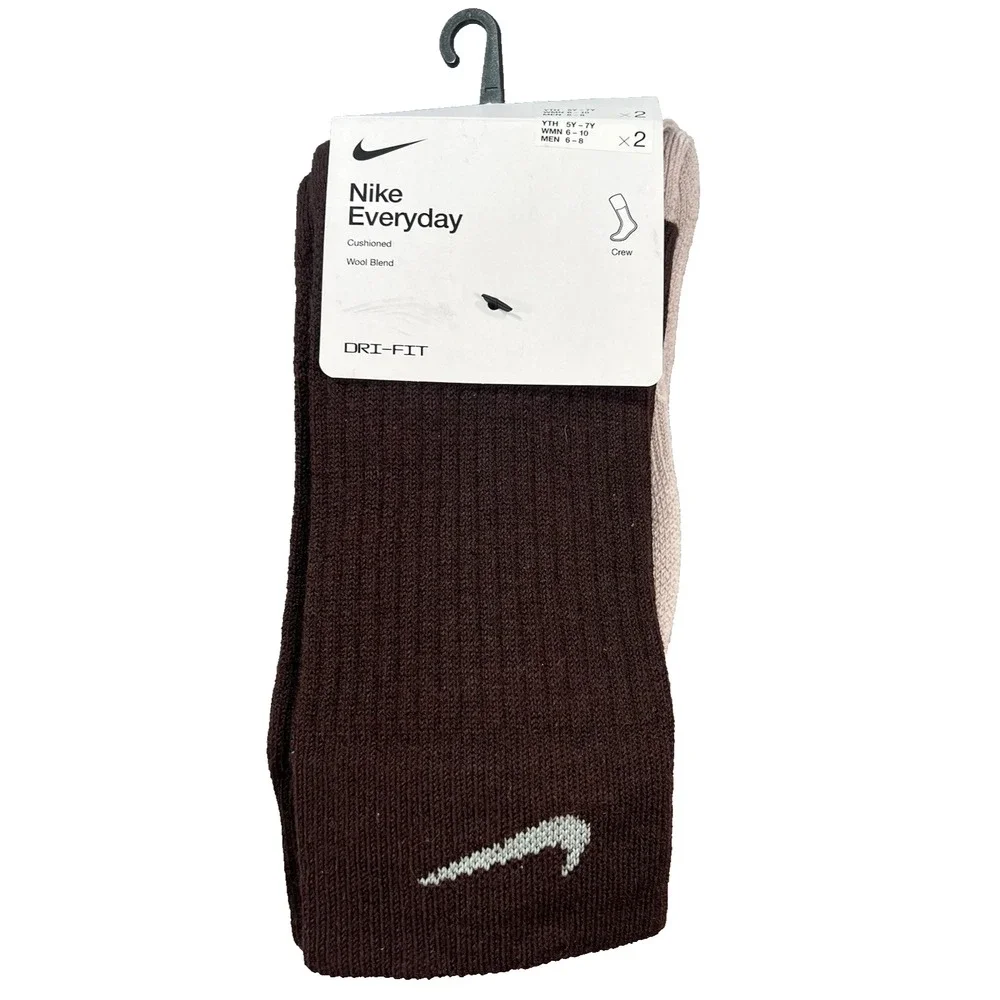 NEW 2 Pair Nike Everyday Wool Blend Men's‎ 6-8 Cushioned Crew Socks W 6-10 Brown